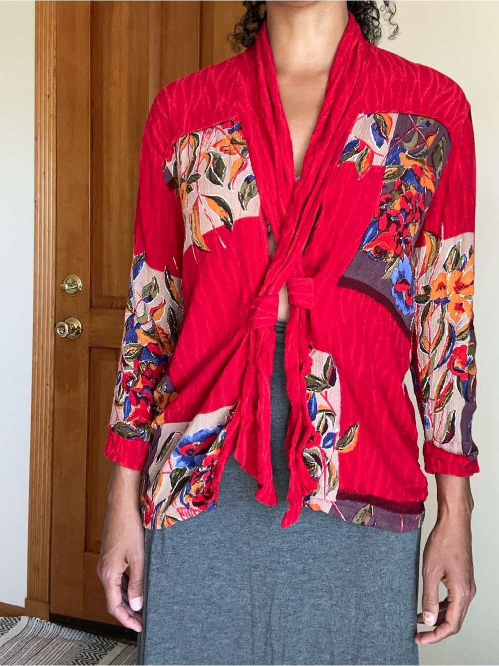 Vibrant Red Floral Tie-Front blouse